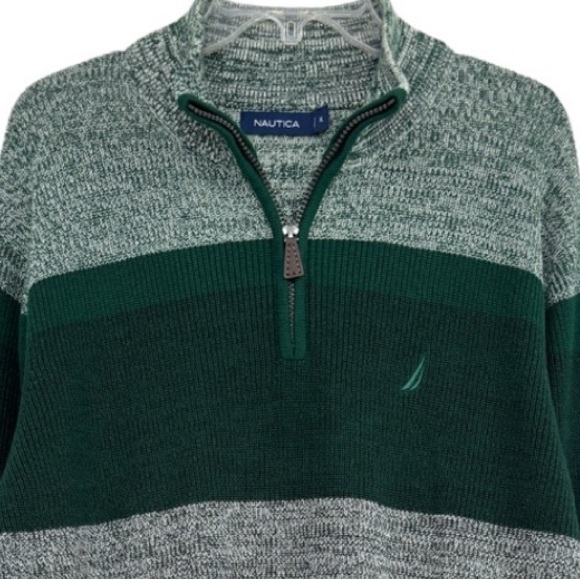 Nautica Quarter Zip Sweater Luxury Knit Colorblock Stripe Green Gray Men Size XL - Picture 14 of 16